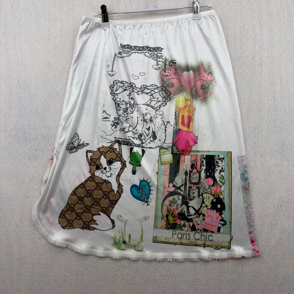 Custom Satin Midi Skirt White Collage Print Kitten Paris Chic Lace Trim Y2K